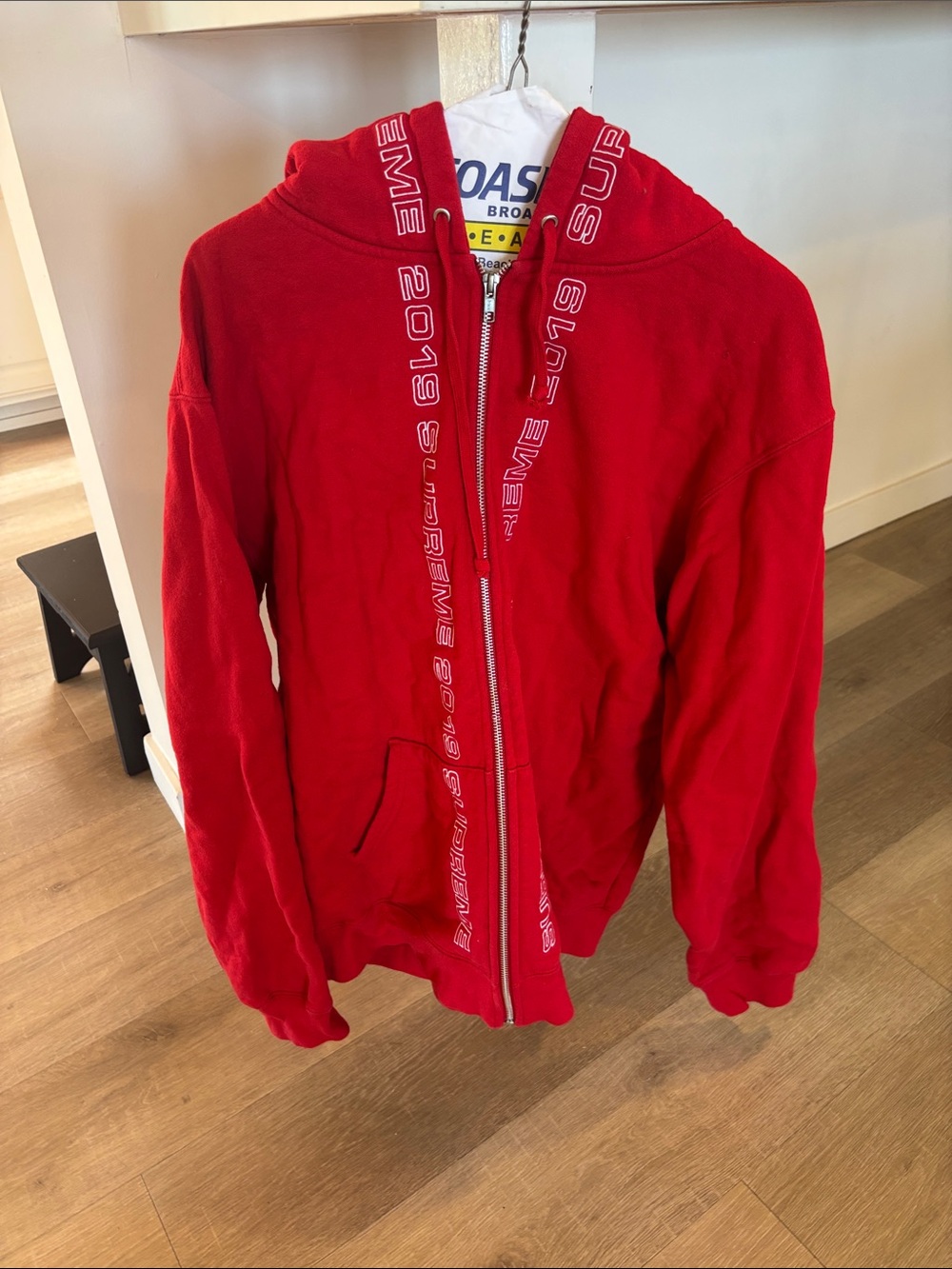 Supreme Red Full-Zip Hoodie with Branded Hood Tape